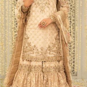 Boutique 9 Cream Wedding Dress with Bishop Sleeves Pakistani gharara dress